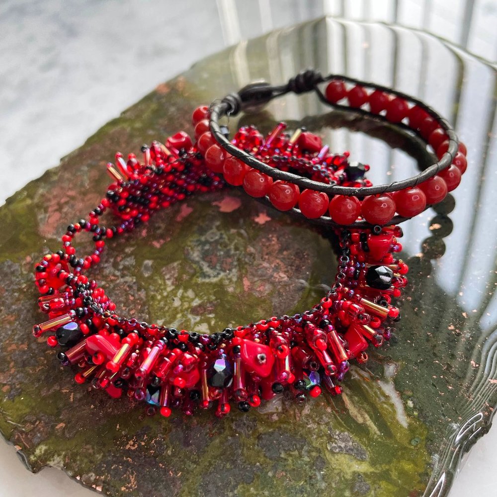 Two Red Beaded Bracelets, Each Very Different But Great Together!